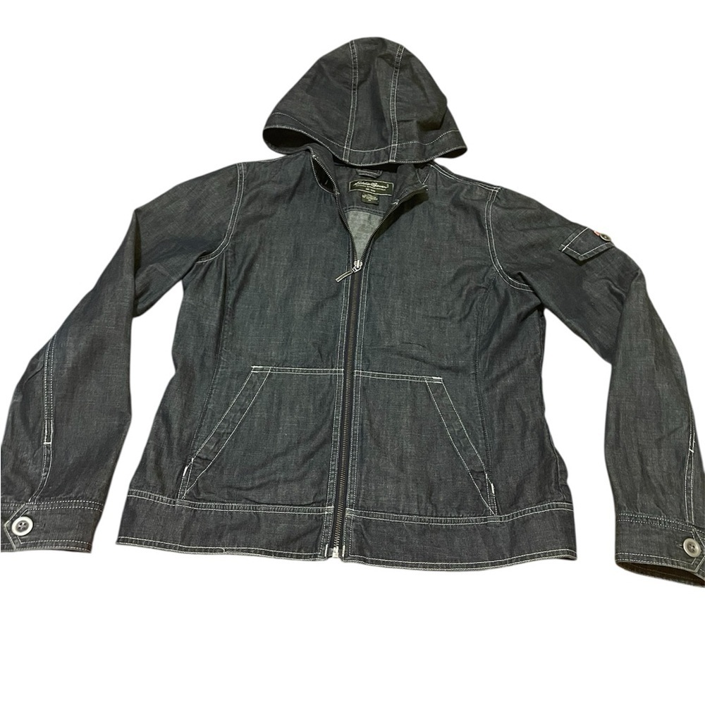 Eddie Bauer hooded zip-up denim jacket.